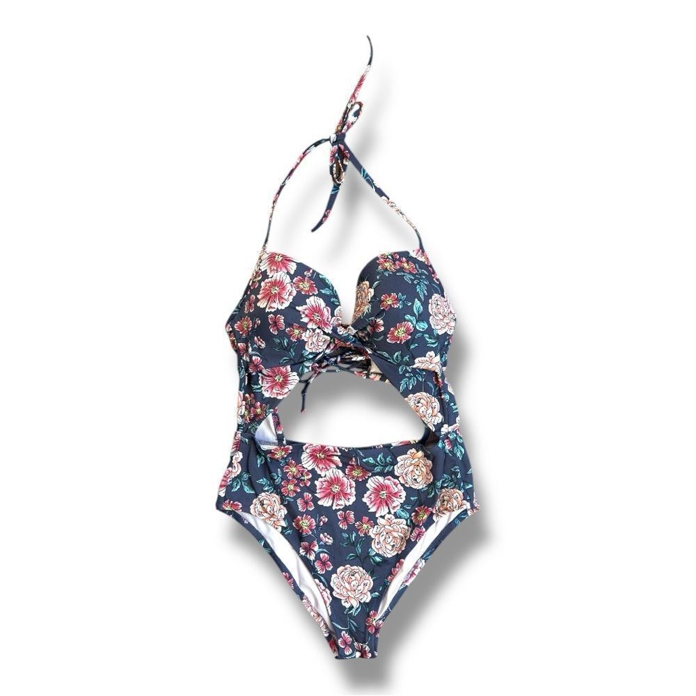 Shade & Shore Gray and Pink Floral One Piece Swimsuit Sz 36C